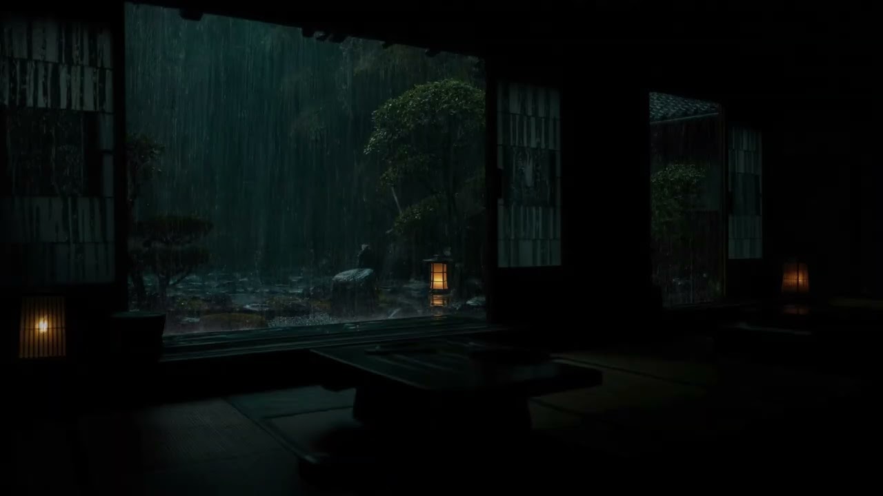 🌧 Peaceful Rain Sounds in a Japanese Room (No Ads) | Dark Night Garden Ambience for Deep Sleep