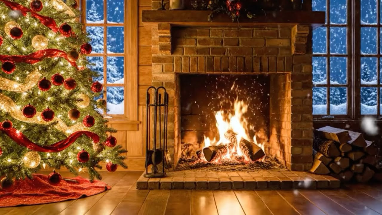Christmas Cabin Ambience 🎄 | Cozy Fireplace with Falling Snow [4K]