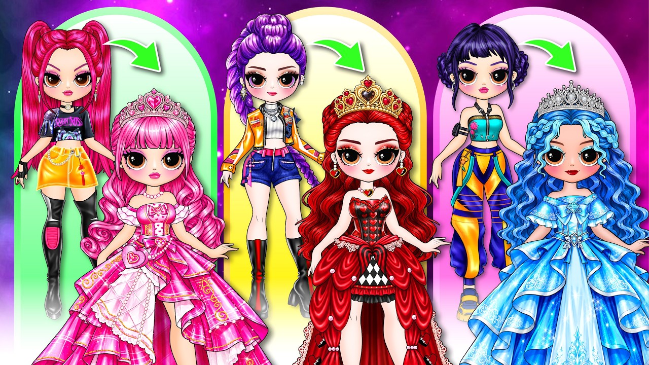 Rumi, Mira & Zoey Turn Into Red, Pink & Blue Princesses! | Paper Doll Dress Up