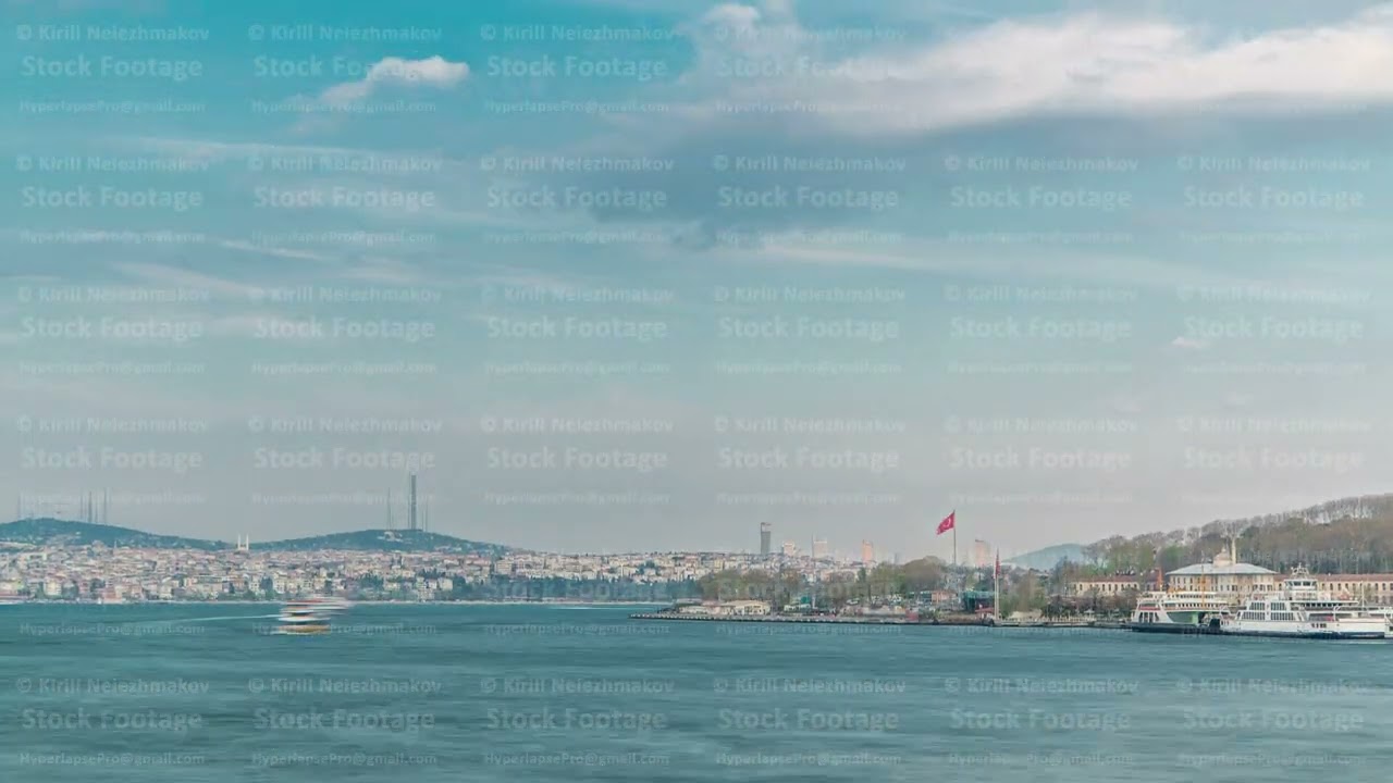 Tourist ship and ferris traffic on Bosphorus timelapse view from Galata Bridge in Istanbul, Turkey