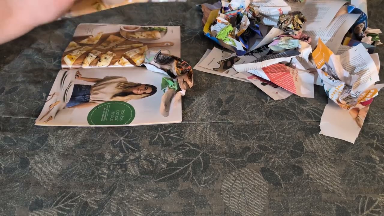 Ruining a glossy food magazine - paper ripping crumpling