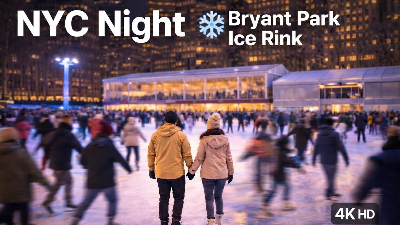 NYC Night Walk ❄️ Bryant Park Ice Rink | 4K HD