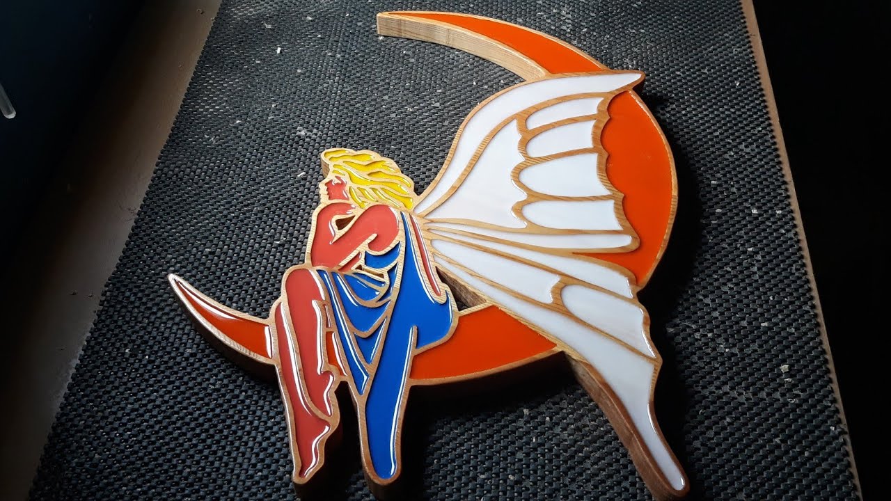 Fairy on recycled pine with resin inlay..router project.