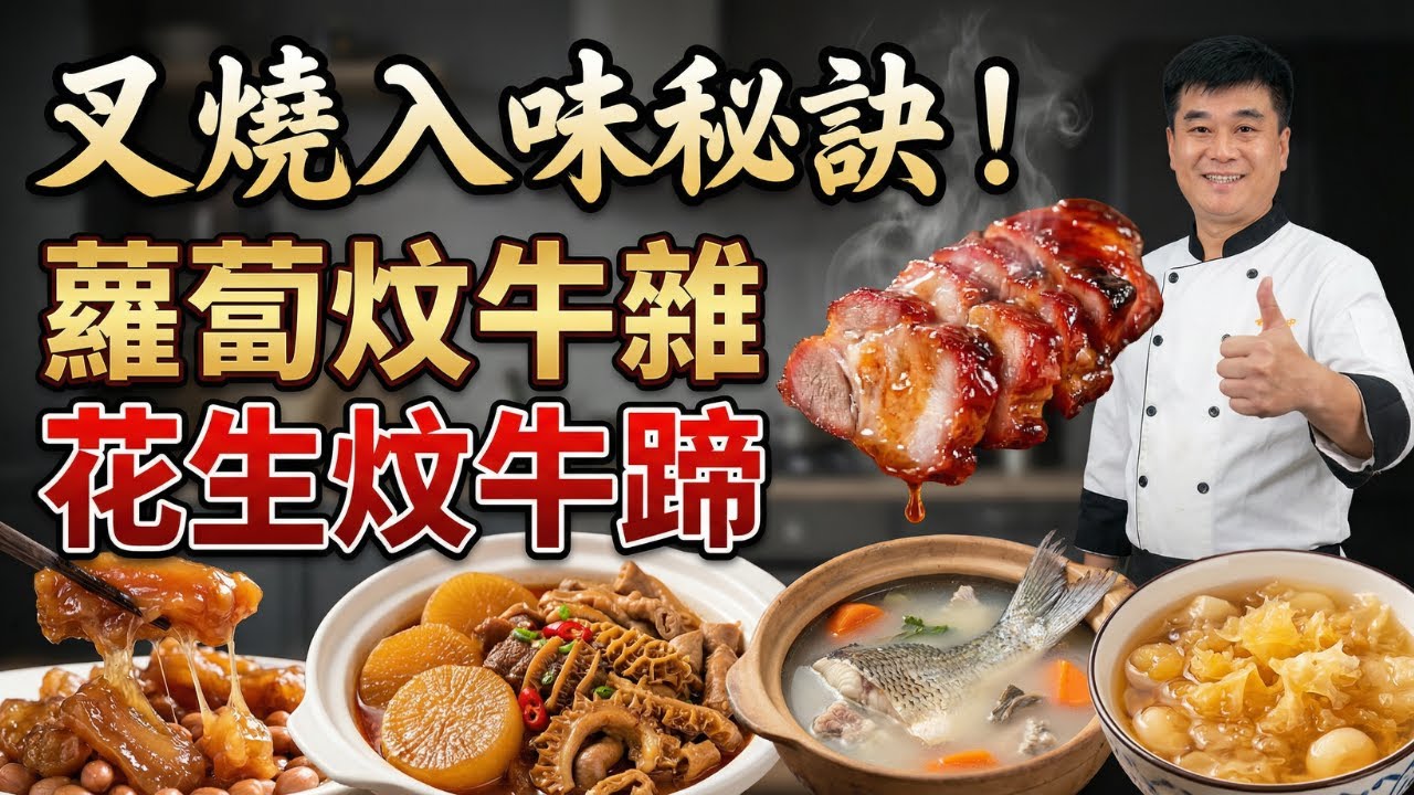 無焗爐蜜汁叉燒＋蘿蔔牛雜＋花生炆牛蹄＋沙葛豬骨魚尾湯＋銀耳馬蹄甘蔗水｜為什麼你做的叉燒不夠入味？大廚公開秘訣：加一罐「啤酒」是關鍵！牛蹄炆出花膠口感的秘訣大公開！