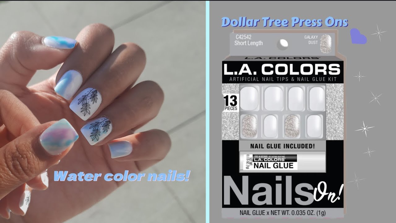 Trying Dollar Tree Short Nails + Water Color Nail Polish! Press On Application Tutorial #nailart