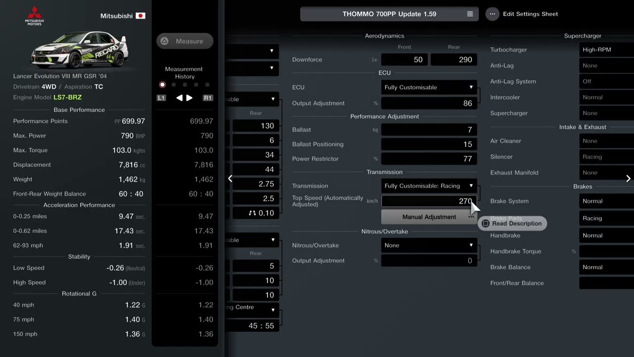 GT7 Mitsubishi Lancer Evolution VIII MR GSR '04 700PP Engine Swap Tune / Setup (Update 1.59)