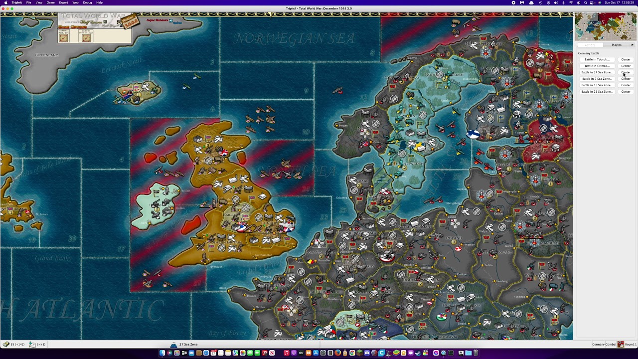 Turn 1 - TripleA (Axis and Allies), Total World War Map as Axis - Germany, Italy and Japan