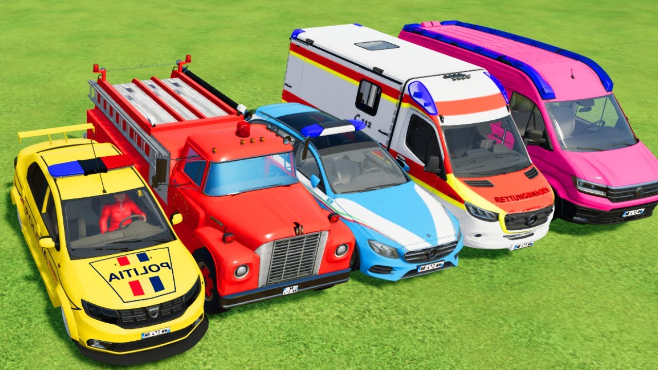 TRANSPORTING POLICE CARS, AMBULANCE, FIRE TRUCK, COLORFUL CARS WITH TRUCK -FARMING SIMULATOR 22!,
