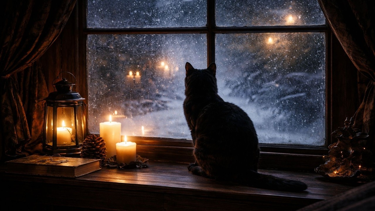 Black Cat at the Snowy Window ❄️ Cozy Winter Night Room | Calm Piano & Sleep Ambience