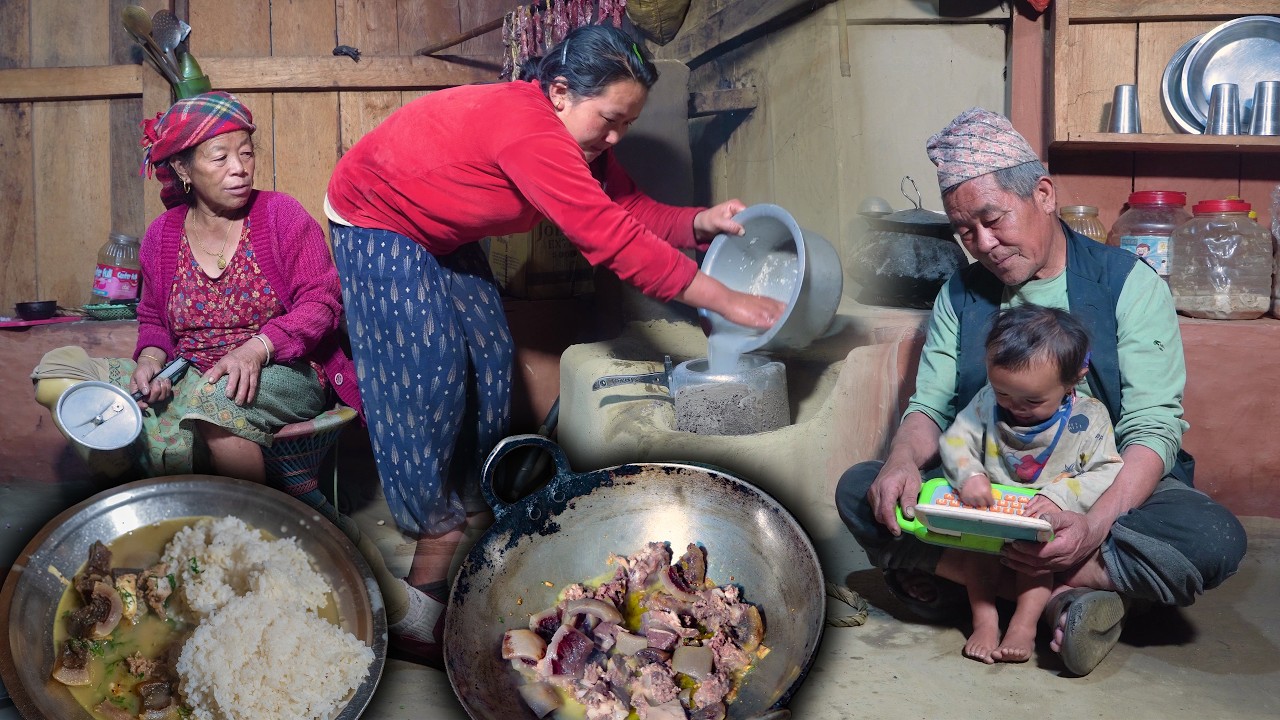 Boiled Buff soup Curry Recipe & Rice cooking, Eating in Nepali Village kitchen | village food video