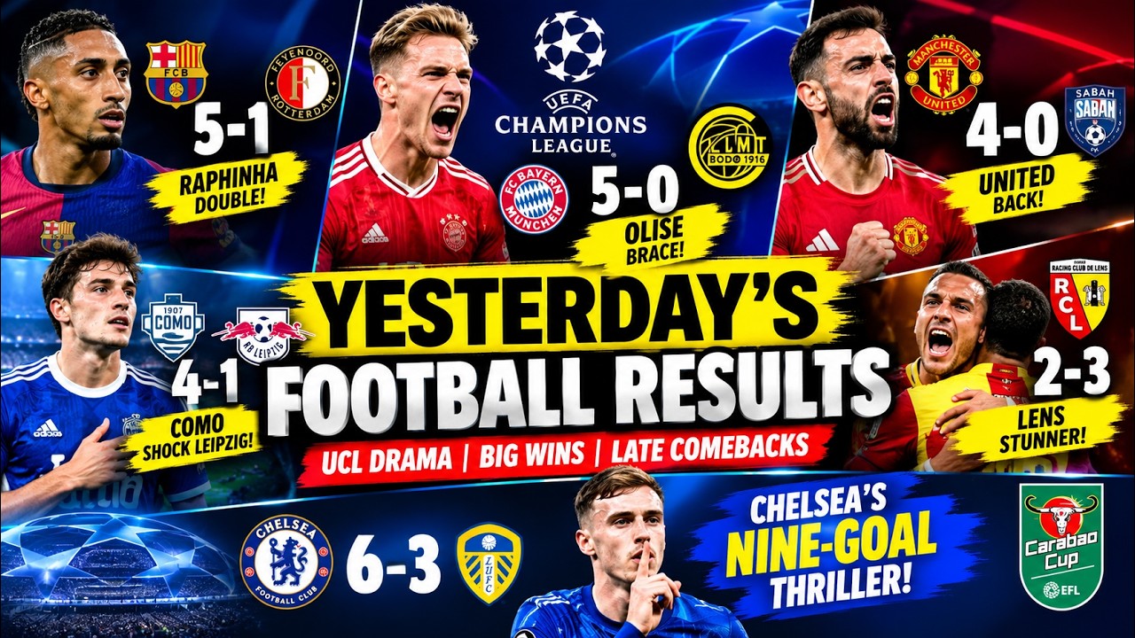 YESTERDAY'S FOOTBALL RESULTS  Barcelona 5 1, PSG 6 1, Chelsea 6 3 & Man United 4 0