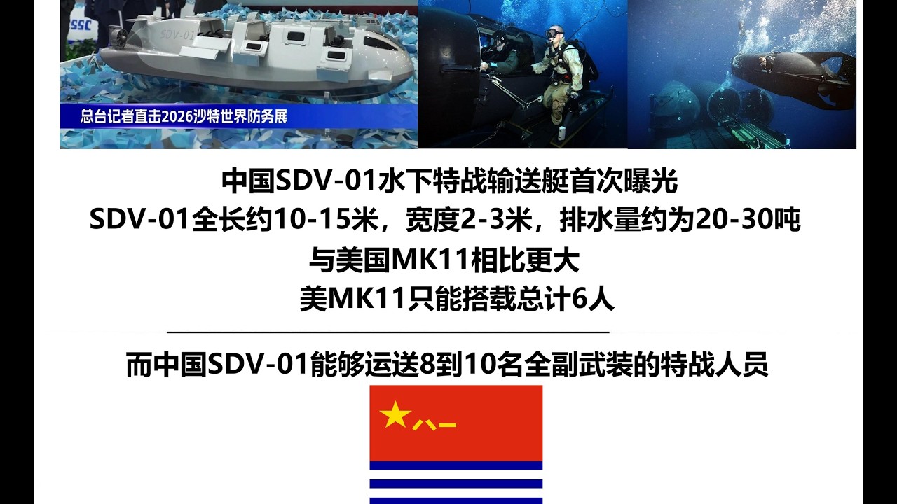 中国SDV-01水下特战输送艇首次曝光！与美MK11相比更大SDV-01全长10-15米宽度2-3米排水量20-30吨美MK11只能搭载总计6人而中国SDV-01能够运送8到10名全副武装的特战人员