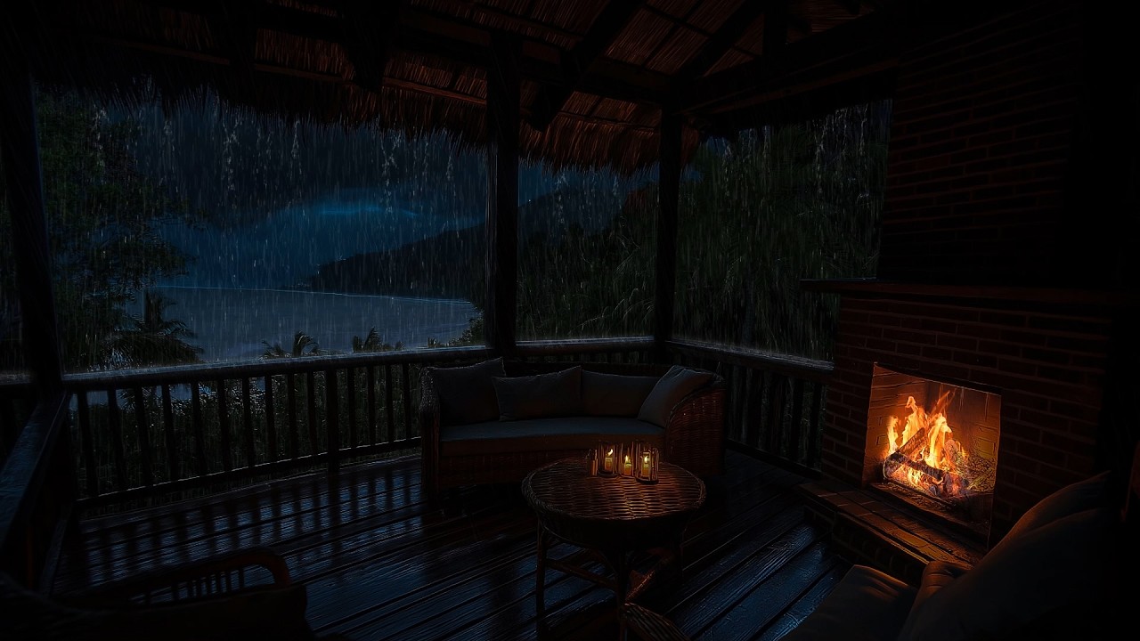 Cozy Cabin Porch in a Tropical Storm ⛈️ ASMR – Fireplace & Relaxing Rain for Better Sleep, Healing