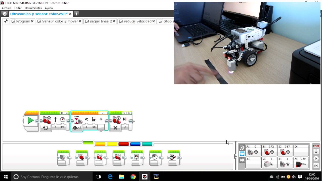 Lego Mindstorms ev3: Parar al detectar un color. Sensor de color. Intensidad de la luz reflejada.