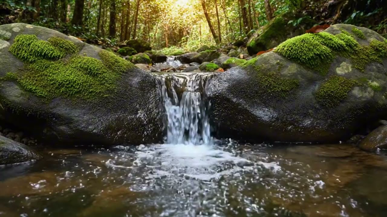 Relaksasi tenang. Gemericik air sungai dibawah kaki pegunungan