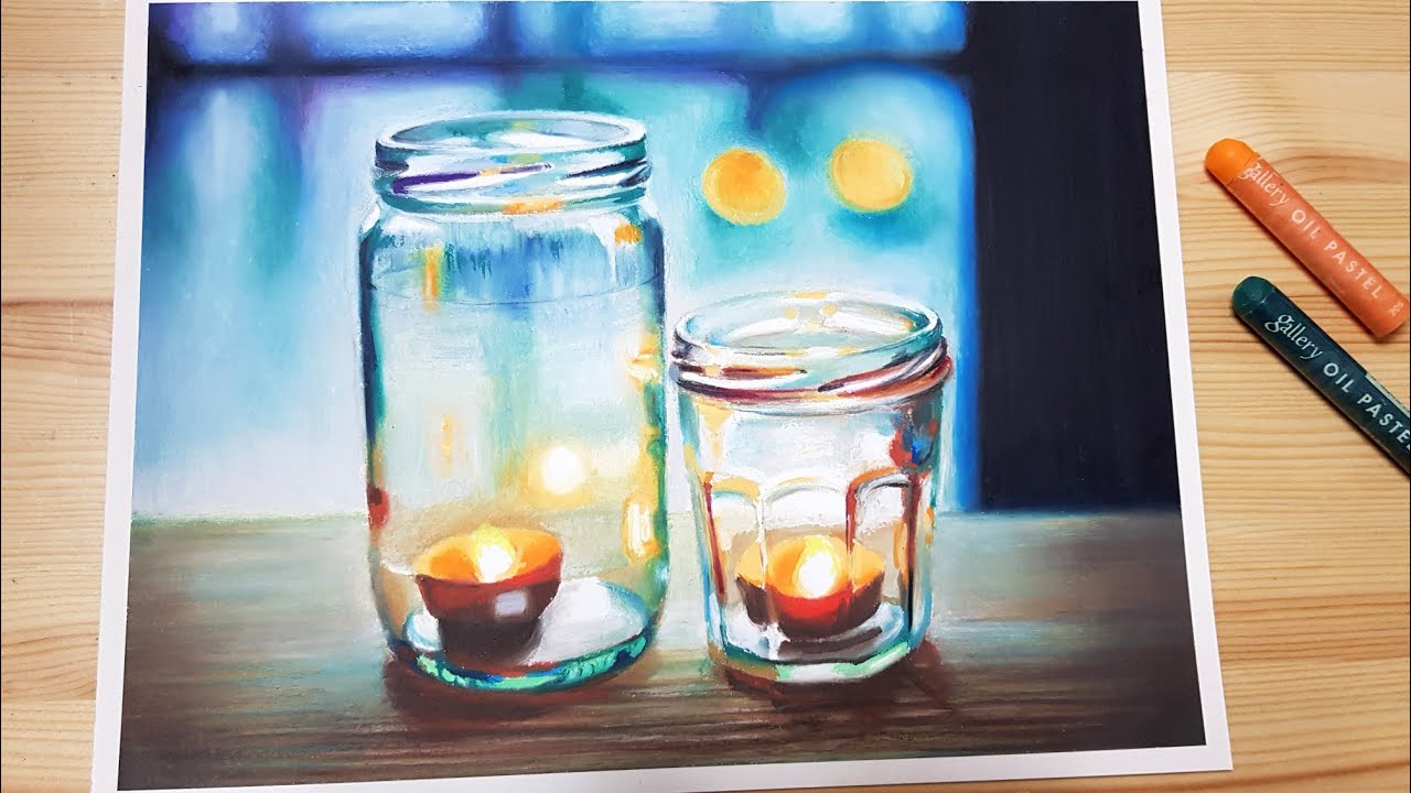 Drawing Still life Candles in the glass bottles / Oil pastel drawing 오일파스텔로 유리병 속의 촛불 그리기