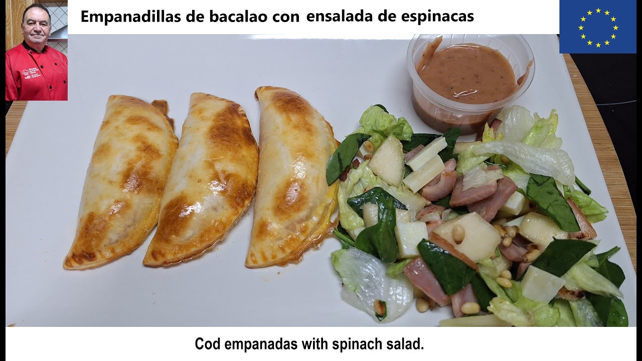 Empanadillas de bacalao con ensalada de espinacas: Cod empanadas with spinach salad.