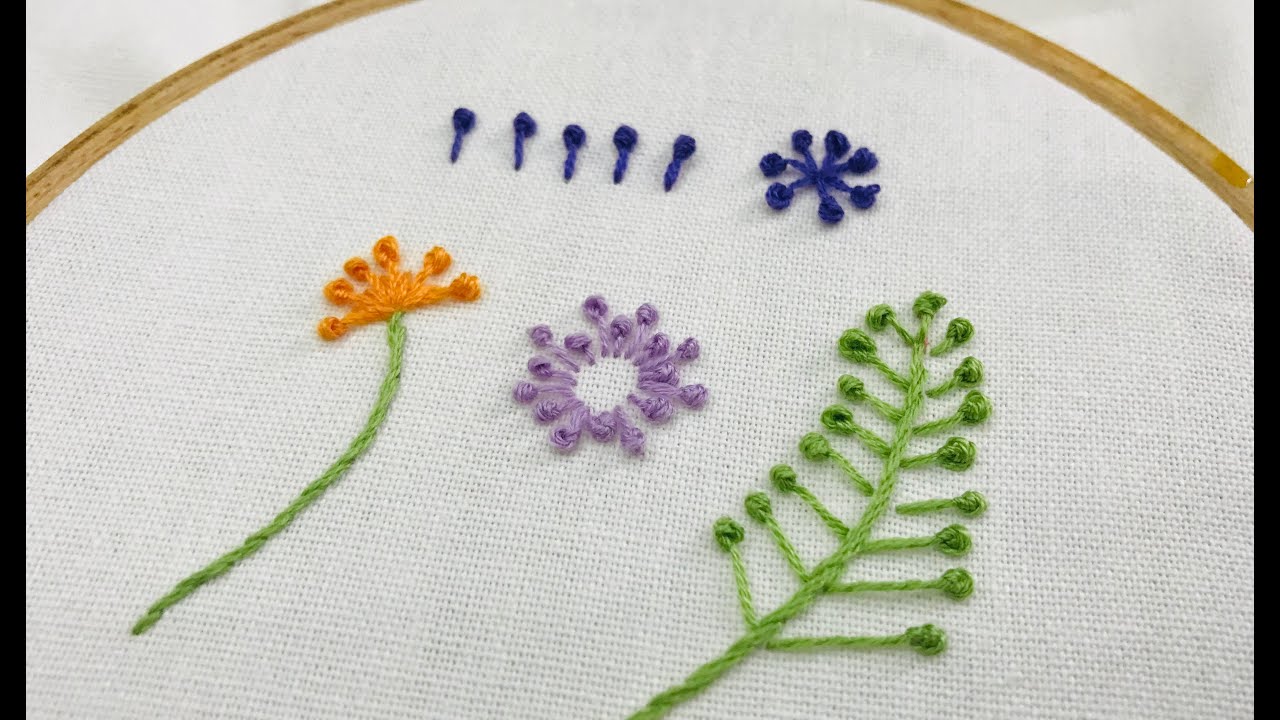Long Tailed French knot (Applied in Pistil stitch, flowers & leaves) | Hand embroidery for beginners