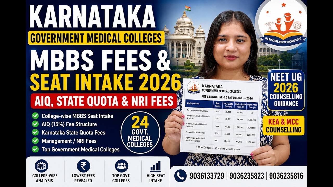 Karnataka Government Medical Colleges MBBS Fees & Seat Intake 2026 | AIQ, State Quota & NRI Fees |