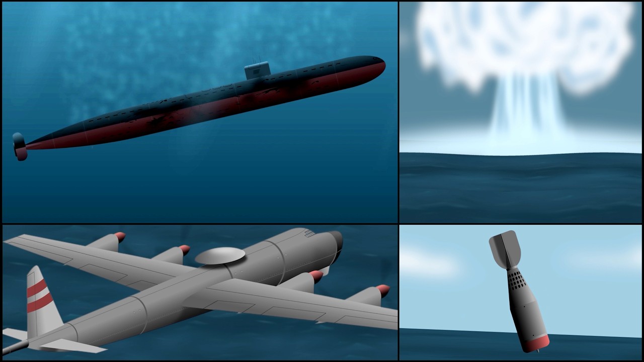 Animation of a nuclear submarine, a naval bomber sinking a submarine with a nuclear depth charge