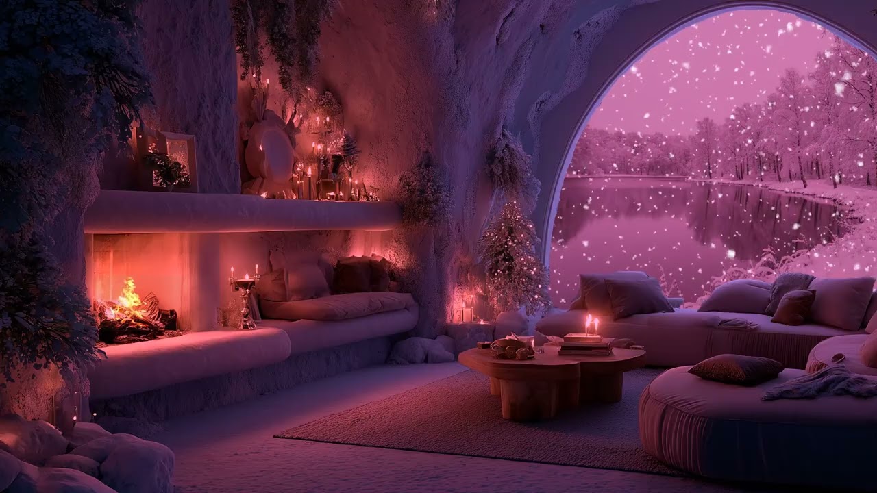 Warm Romantic Winter Ambience with Fireplace Crackles and Snow Falling Outside