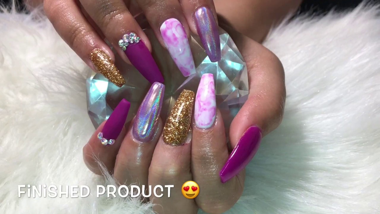 Acrylic Purple Nails W/ Chrome, Marble And Glitter