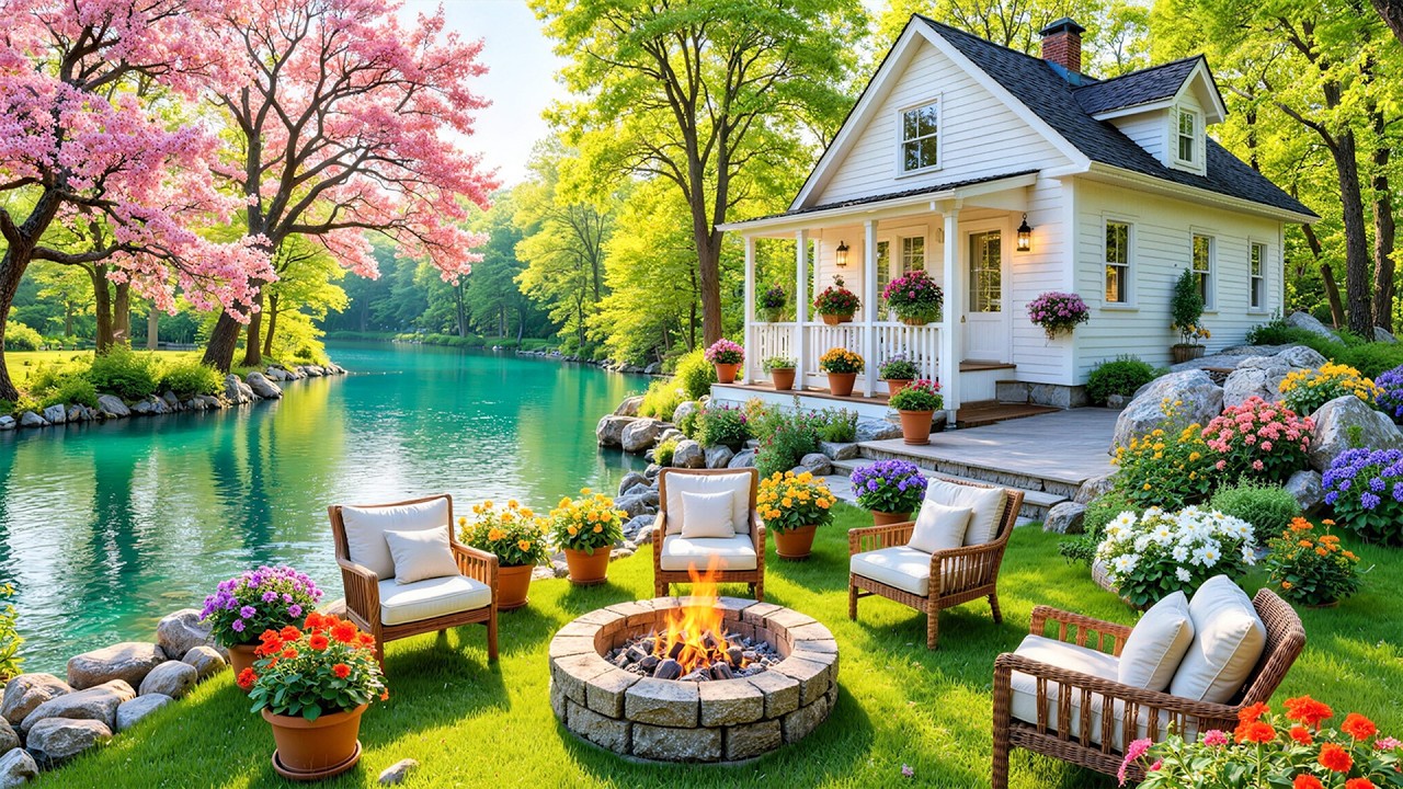 Peaceful Spring Porch Ambience for Begin The Day 🌸 Crackles Fireplace &  Relaxing Piano Music