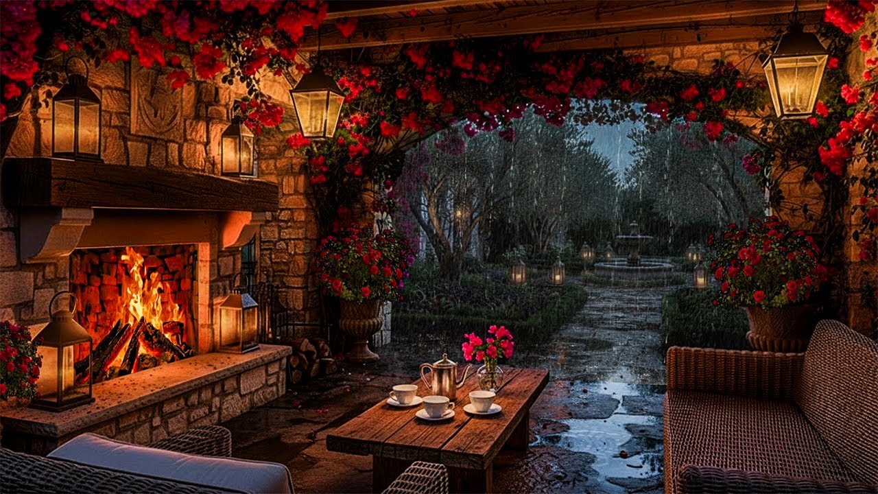 The Best Way To Sleep Instantly: Listen To Rain, Thunder Sound, Crackling Fire⛈️Cozy Porch In Rain