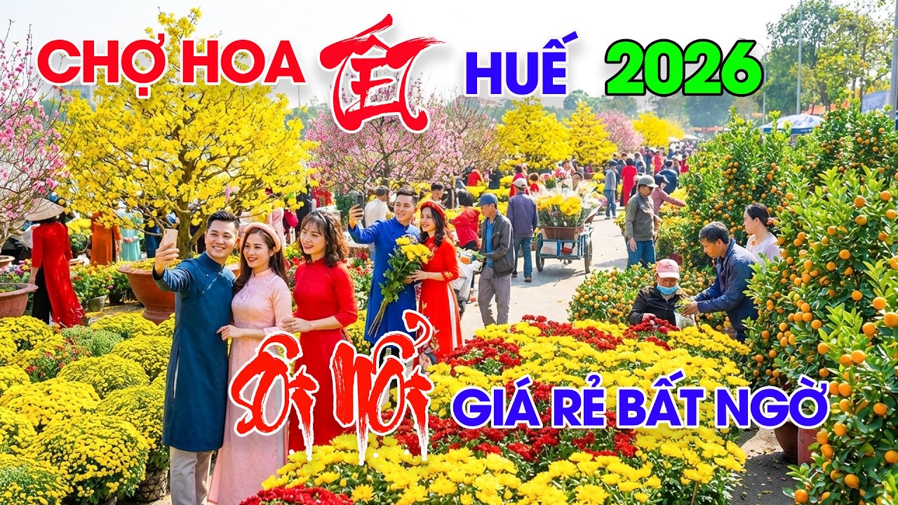 Sôi NỔi Chợ Hoa Tết Huế 2026 Mai Đào rực rỡ Quất Cúc Tết giá rẻ bất ngờ chào xuân Bính Ngọ