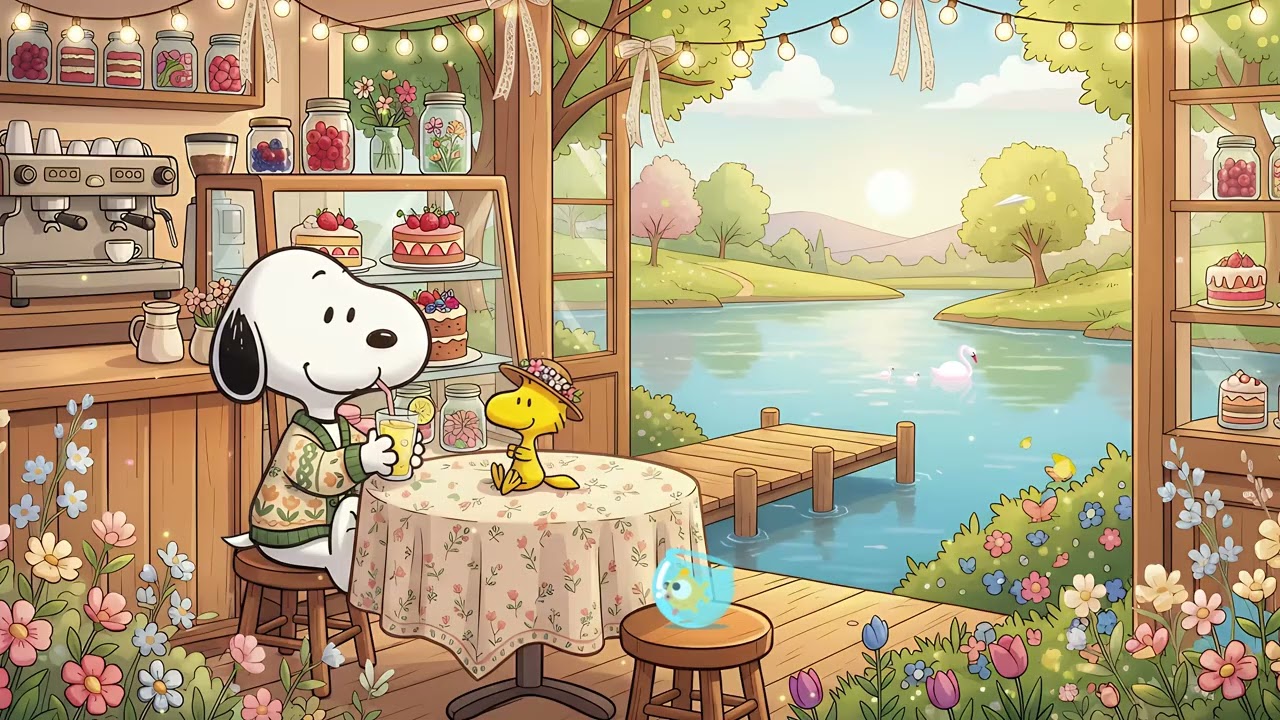 Snoopy & Woodstock Chilling at the Lakeside Cafe 🦢 Relaxing Lofi Beats for Studying ✨ Sunset Vibes