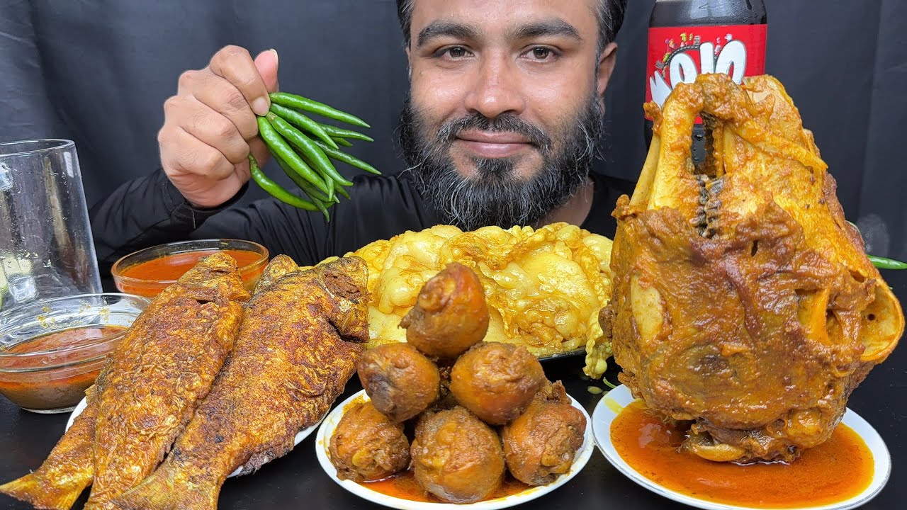 Spicy Fish Fry Mutton Fat Chicken Curry Full Goat Head Green Chili Eating. Asmr Eating Show.