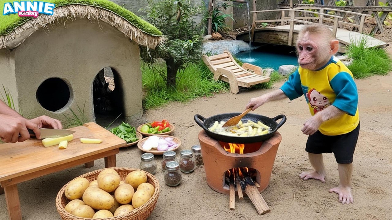 Nanny Annie helps Dad cook French fries for the meal, and then... | Mini cooking