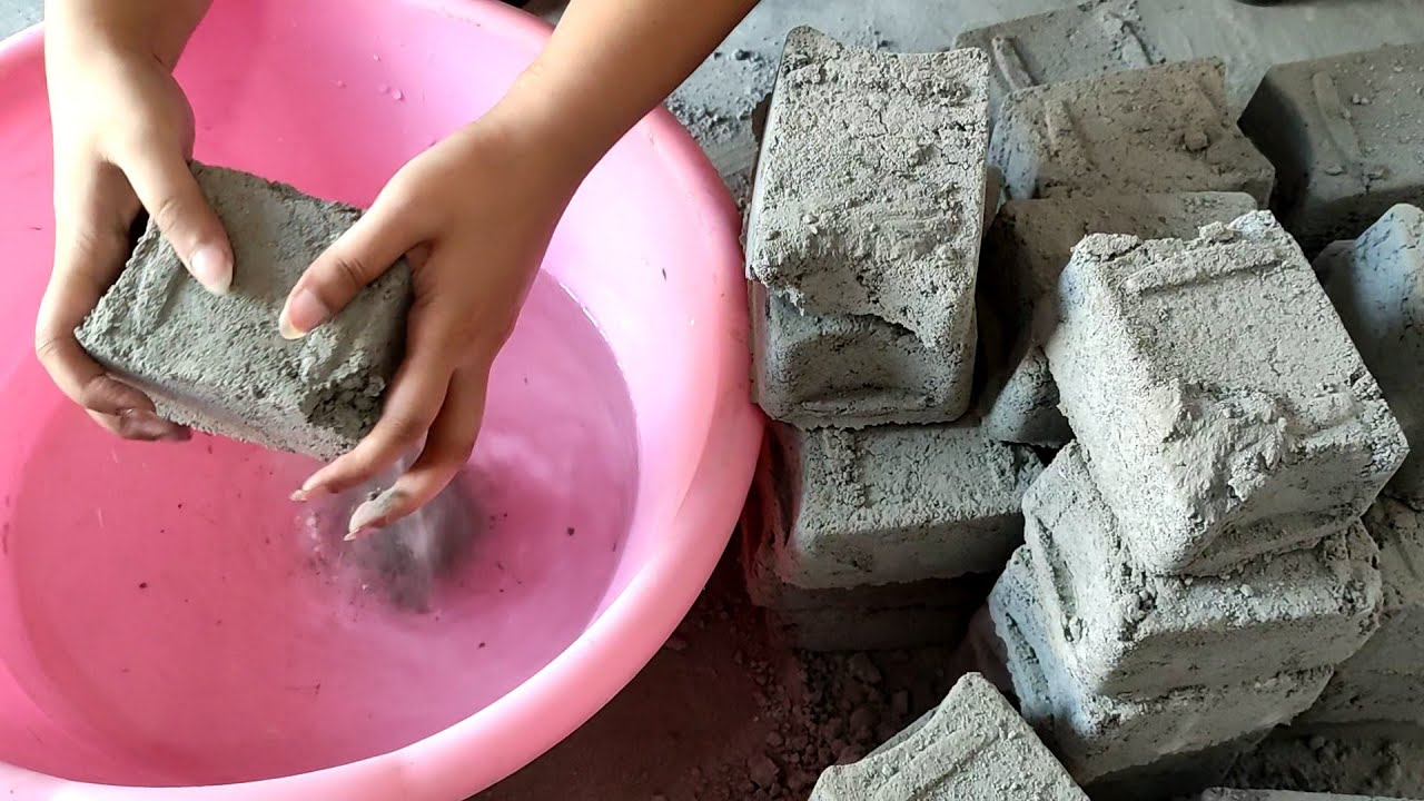 ASMR: dusty semi hard cement wholecrushing+smashing in water+dry +mixing/oddlysatifying