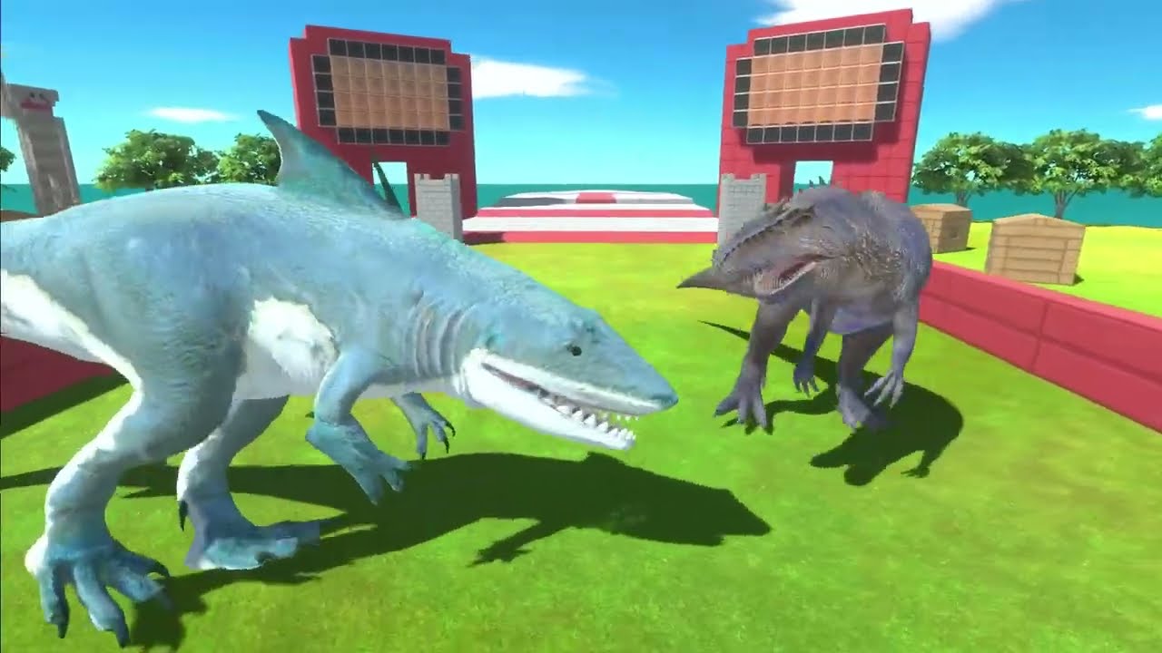 Dinosaurs revolt battle with Godzilla 2014 + Indominus Rex + Giganotosaurus VS Team Megalodon Rex