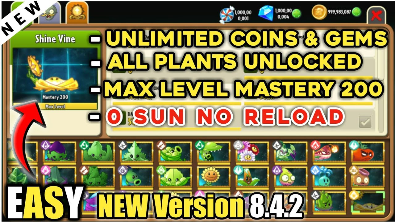 Plants vs Zombies 2 mod Plants Mastery 200 | 0 Sun No Reload Unlock All Plants | Coins and Gems Easy