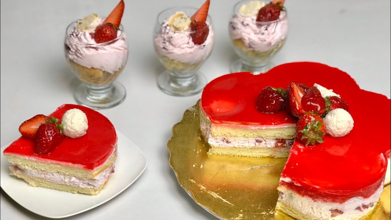 كيكة الفراولة🍓 المحشية بكريمة الايسكريم 🍧 باردة و لذيذة جدااا و بأنجح طريقة