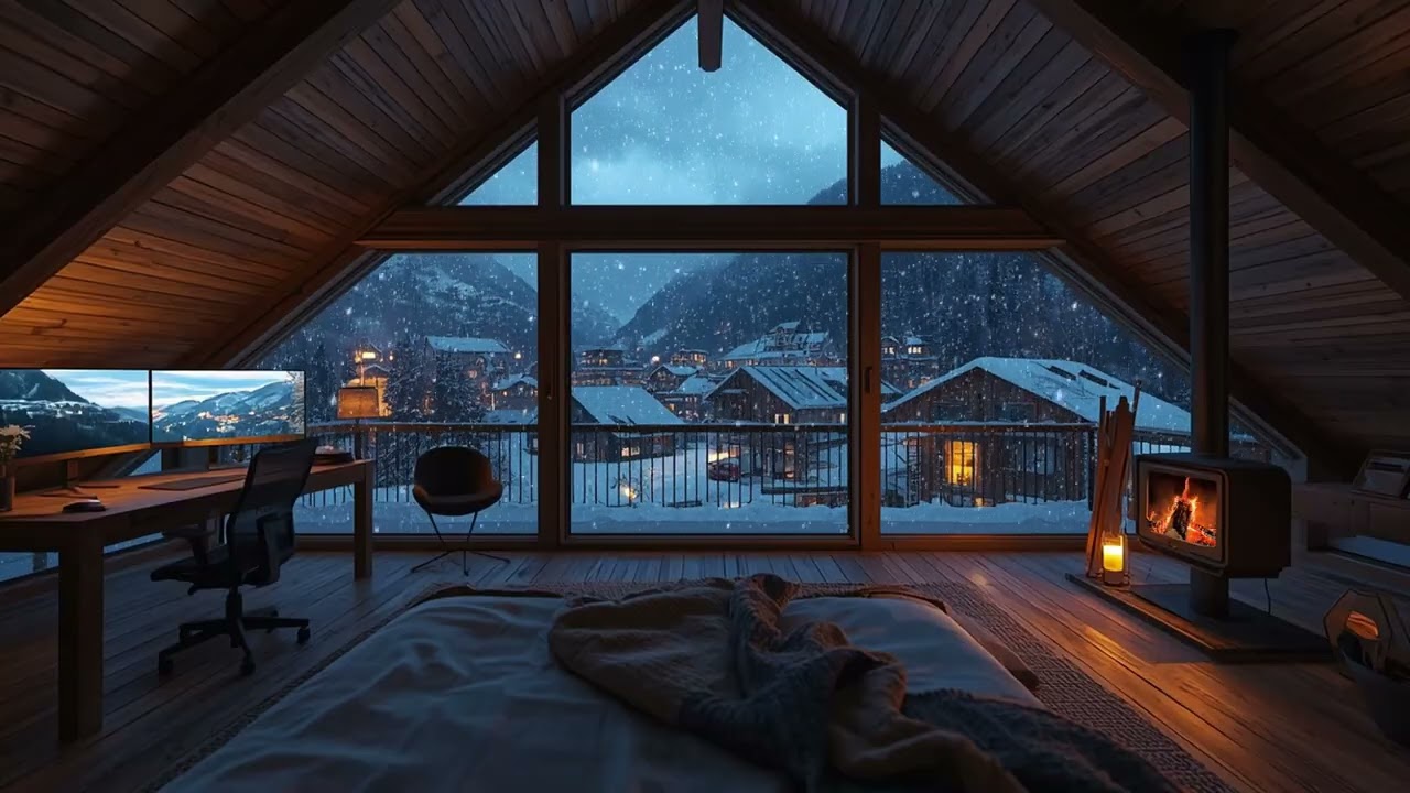 Cozy Room Winter Ambience ❄️ Gentle Snowfall Outside the Window | Relax, Study, Sleep