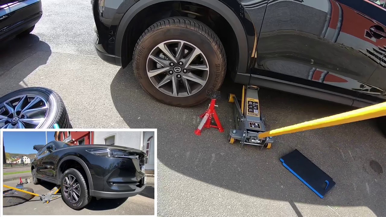 Wagenheber ansetzen Auto aufbocken PKW anheben und mit Böcken Sichern Mazda CX-5 vorne Anleitung