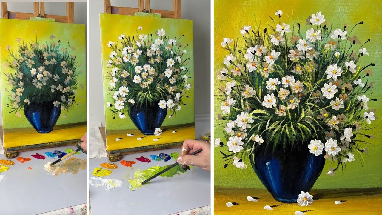How to Paint a Beautiful Daisy Bouquet in a Vase | Easy Acrylic Painting Tutorial