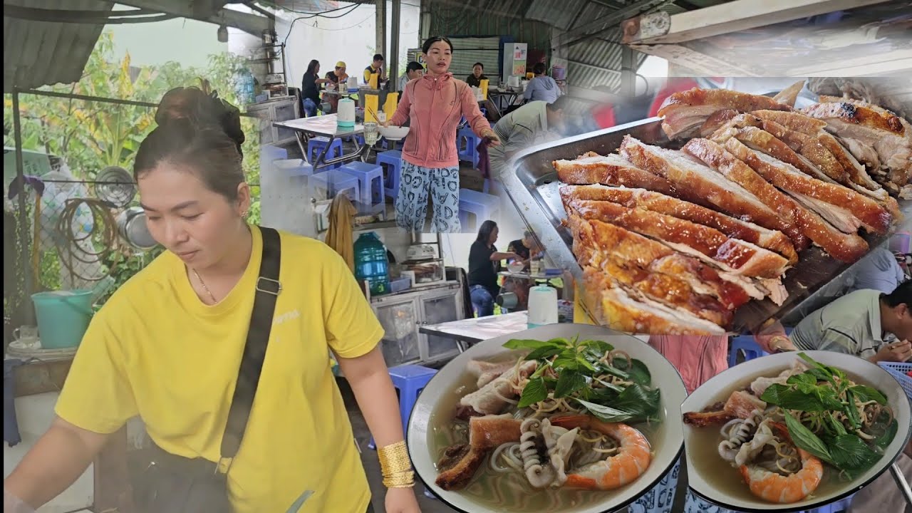 Khách đội mưa ăn Bún nước lèo sóc trăng chị chủ xinh đẹp quay heo giòn rụm nhìn phát thèm