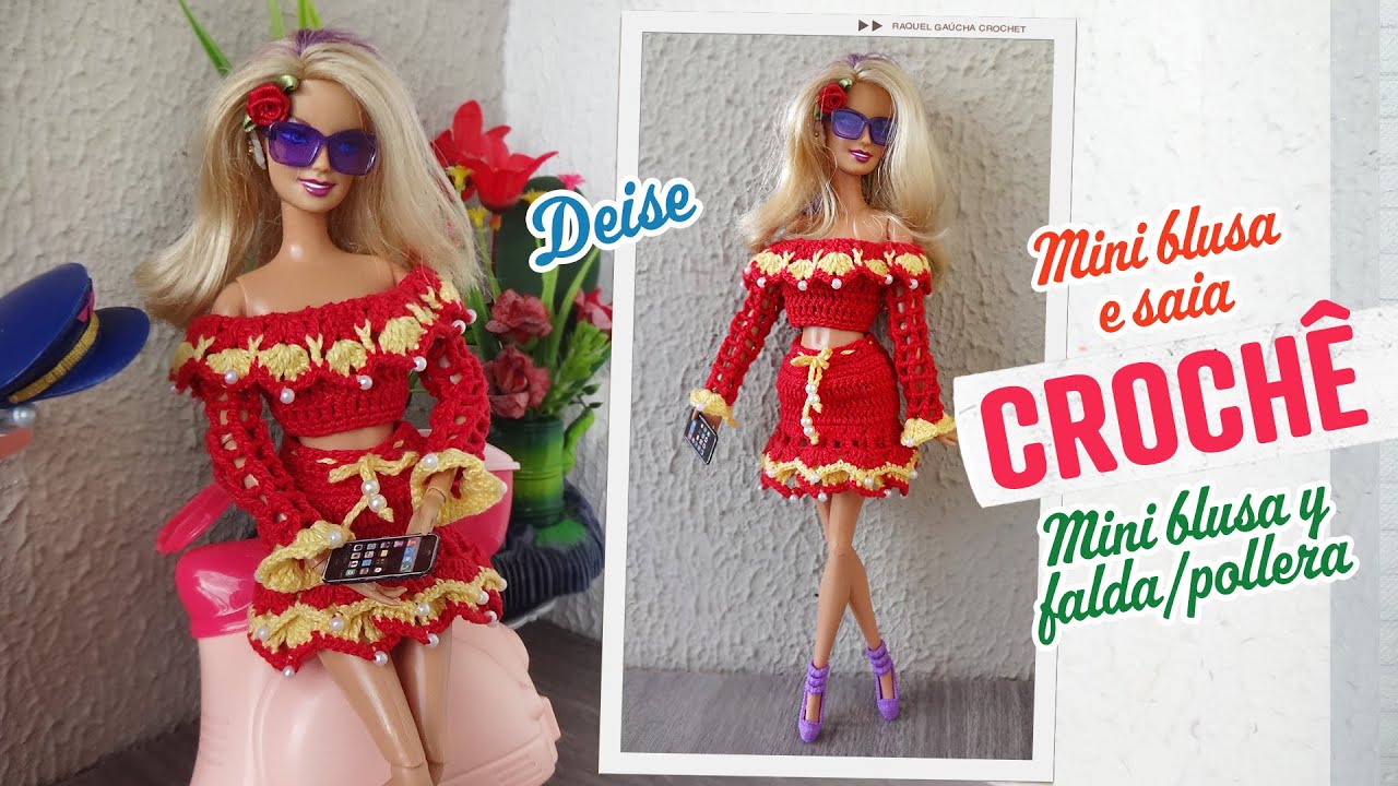 Mini Blusa Ciganinha e Saia Deise de Crochê para Barbie