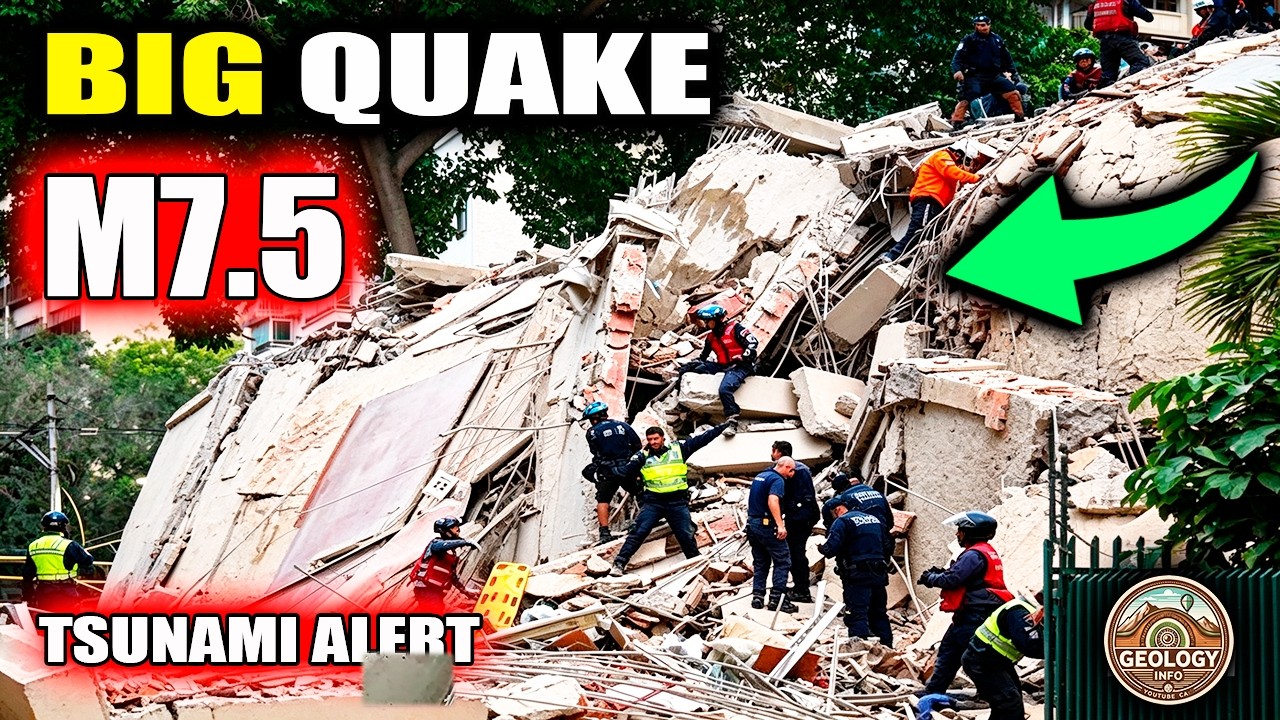 M7.5 Major Earthquake and Tsunami Warning. Buildings Collapsed.