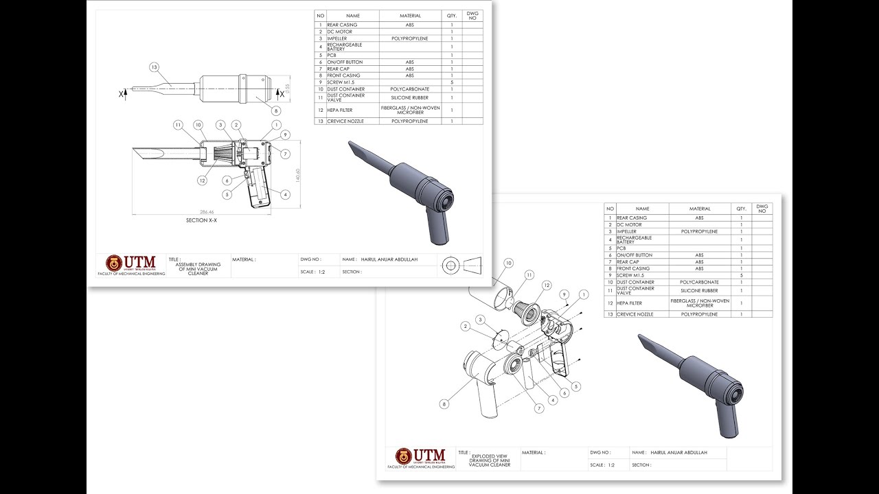 Part 12: Assembly Drawing and Exploded View Drawing of the Mini Vacuum Cleaner