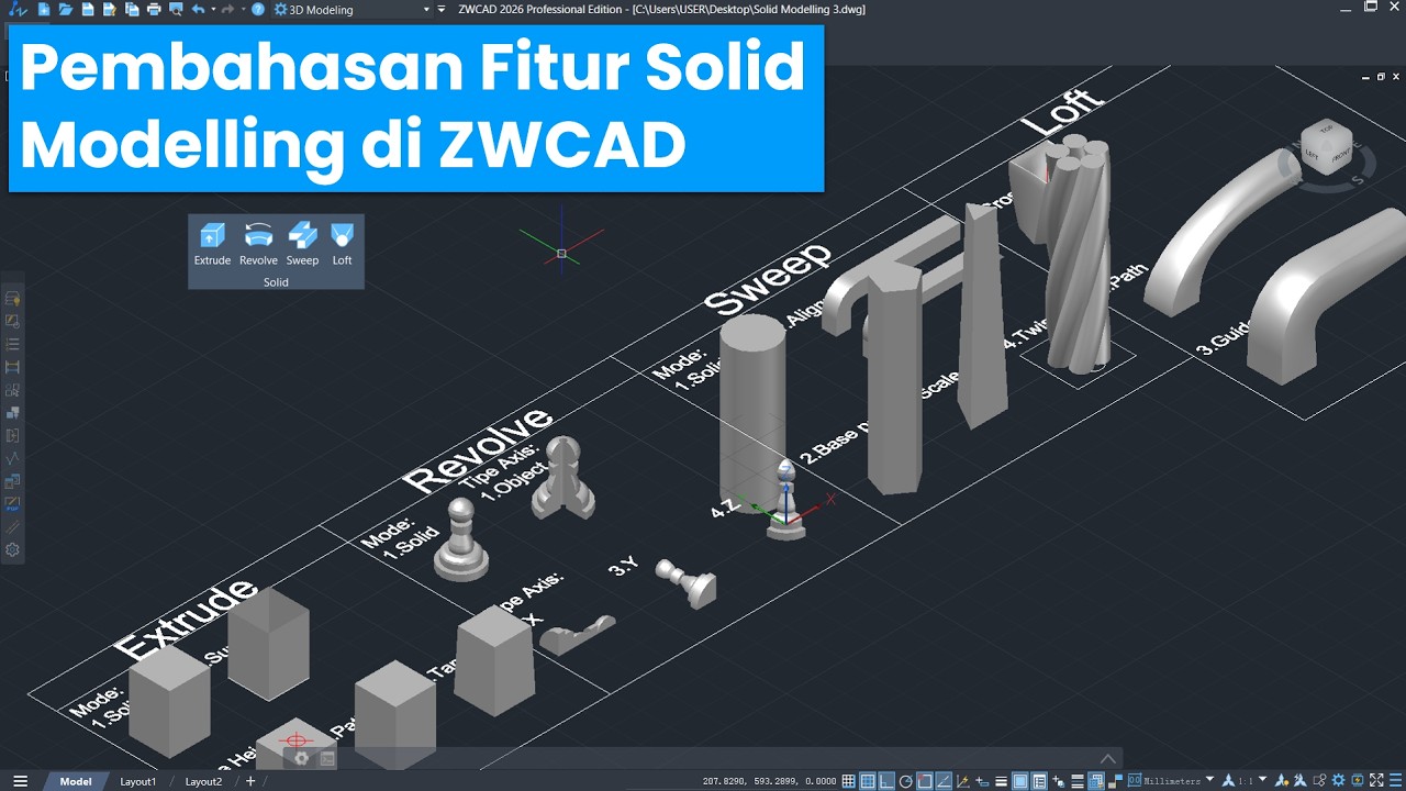 ZWCAD - 3D Modelling 3 - Pembahasan Fitur Solid Modelling di ZWCAD (Extrude, Revolve, Sweep, Loft)