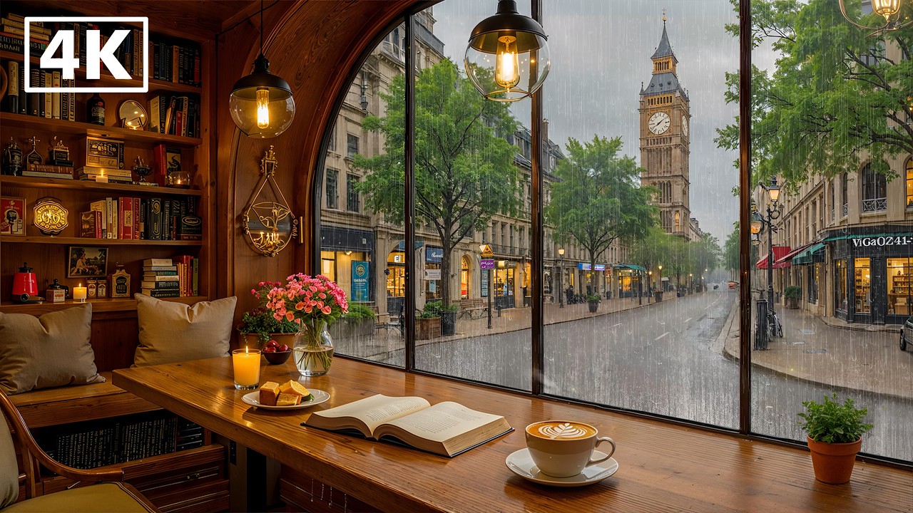 Rainy London Cafe Jazz ☕ Relaxing Jazz Piano & Soft Rain Sound for Calm Focus & Relax