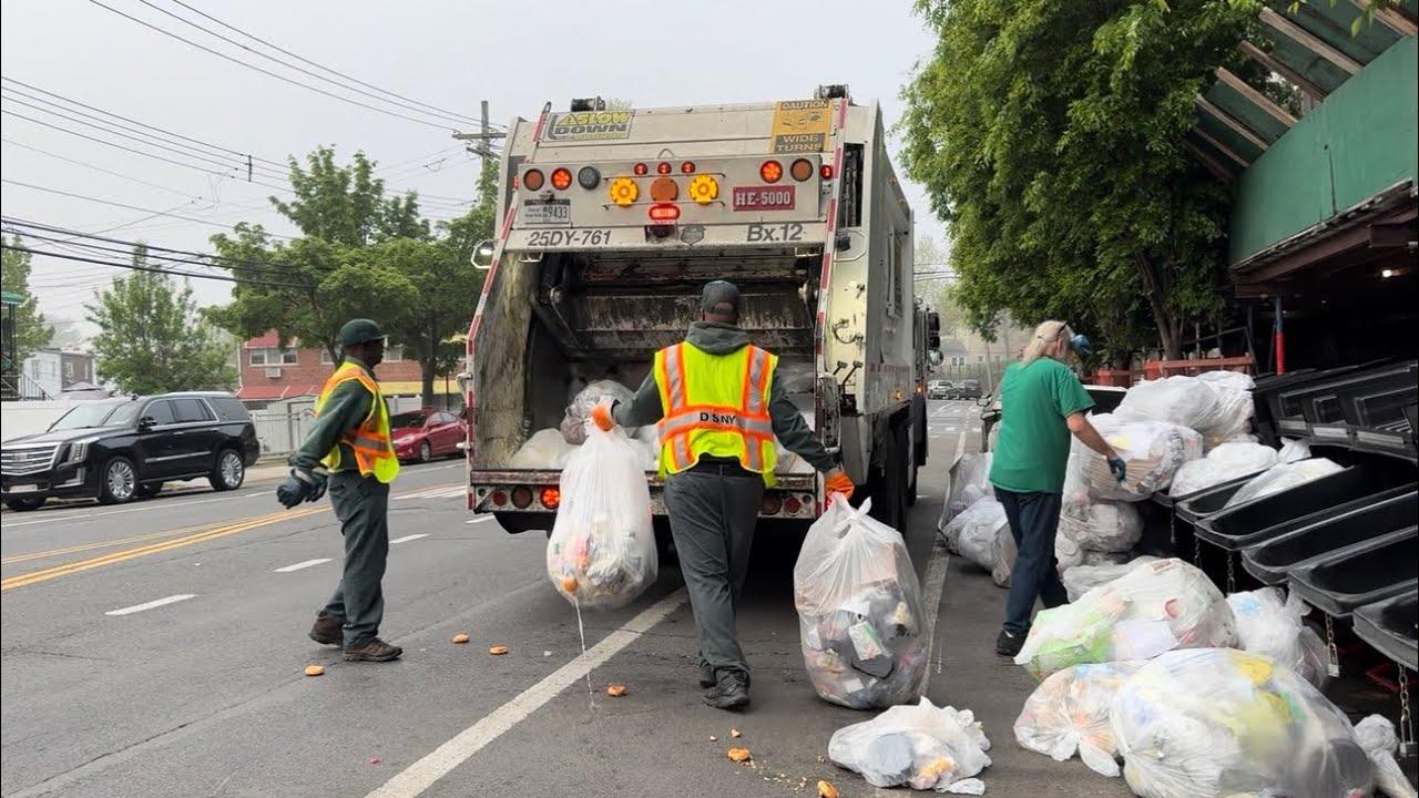 Three DSNY trucks vs heavy school bag piles in the Bronx
