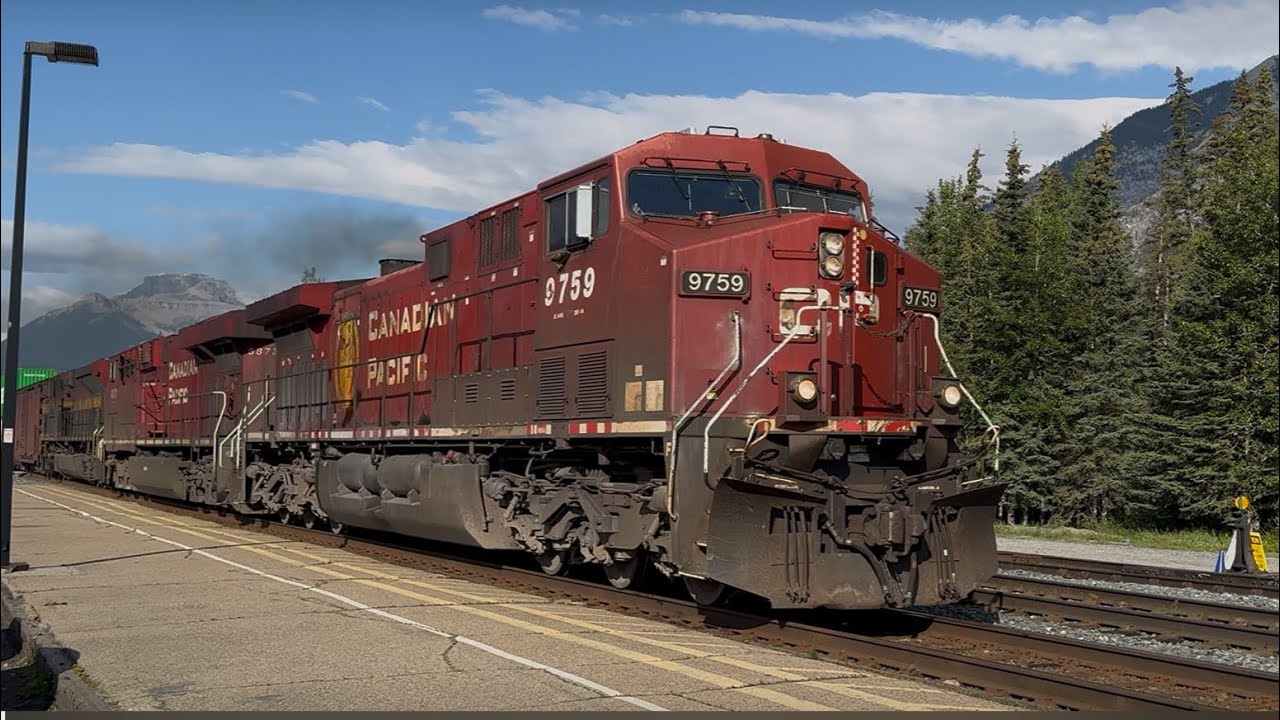 Huge 22,000HP - 5 Locomotive Canadian Pacific Freight Train Rolling Through Banff