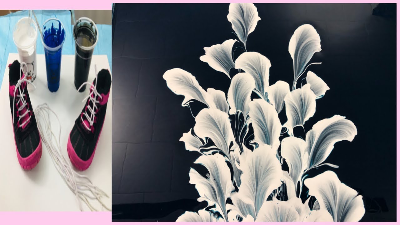 Acrylic Pouring String Pull Technique Using Shoelaces | Elegant  Black & White String Flowers