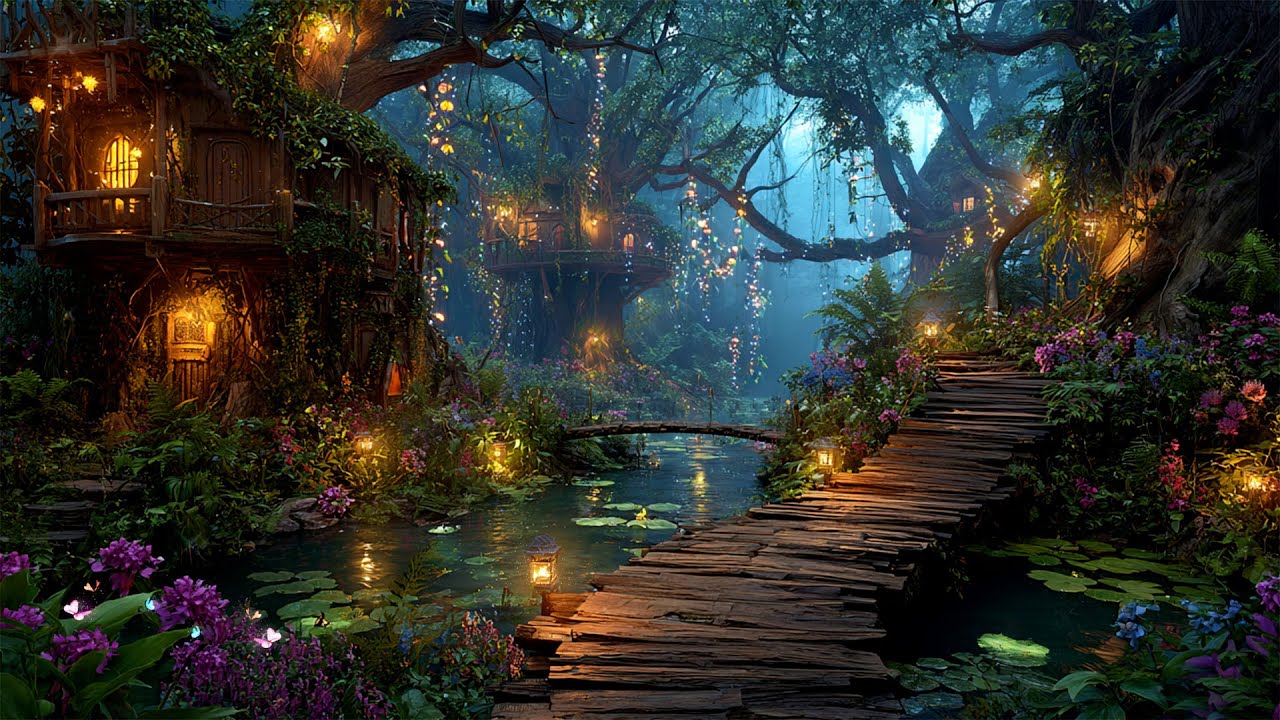 Enchanted Elven Village 🏡 Magical Fireflies Ambience w/ Music | Deep Relaxation & Calming Soul
