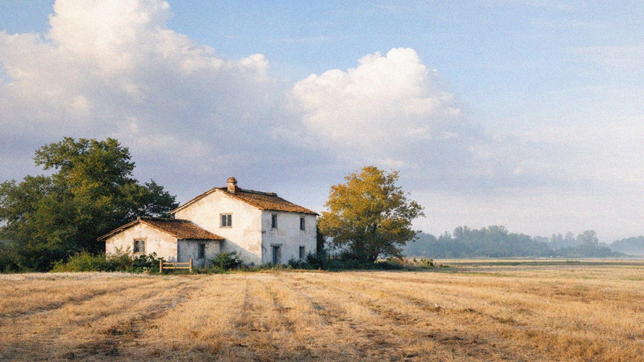 Simple Watercolor Painting &ndash; Golden Field & Cottage